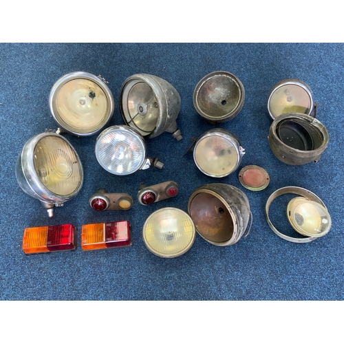 21 - COLLECTION OF ASSORTED VEHICLE HEAD LAMPS, PLUS A COUPLE OF TAIL LIGHTS