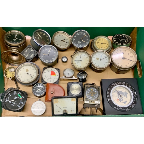 27 - TRAY OF ASSORTED MOTORING GAUGES, SPEEDO, RPM ALTIMETER, ALTIMASTER, CLOCKS ETC A GOOD SPORTING LOT