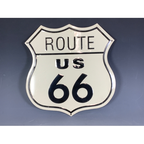 30 - ROUTE US 66 PRESSED METAL SIGN. APPROX 34 X 35 CM