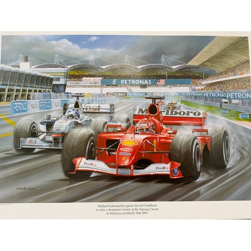 32 - MOTOR RACING INTEREST, COLLECTION OF UNFRAMED PRINTS,  MICHAEL SCHUMACHER PASSES DAVID COULTHARD MAL... 