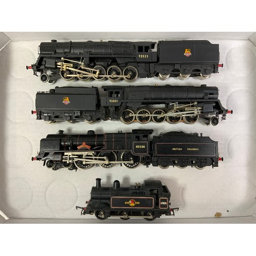 374 - 2 X HORNBY U/B 9F, 2-10-0 LOCOMOTIVES (92001 HAS LOOSE SMOKE DEFLECTOR), PLUS HORNBY PATRIOT POSSIBL... 