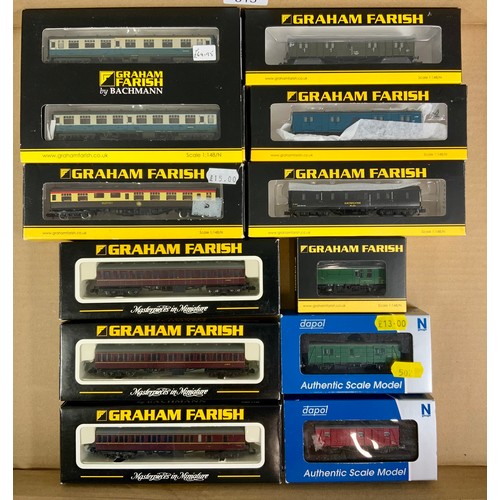 515 - N GAUGE MODEL RAILWAY 12 ASSORTED BOXED COACHES & VANS : BR MK 1 TWIN PACK WORKS TEST TRAIN, MK 1 RM... 