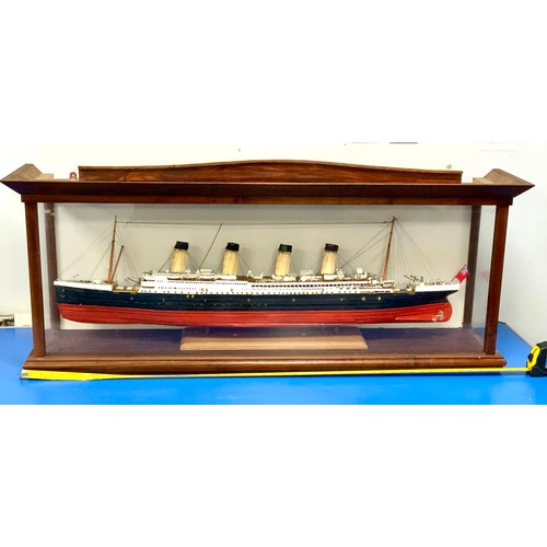 76 - SCRATCH BUILT MODEL OF RMS TITANIC, APPROX 122 CM OVERALL (4FT LONG) PLINTH MOUNTED IN GLAZED DISPLA... 