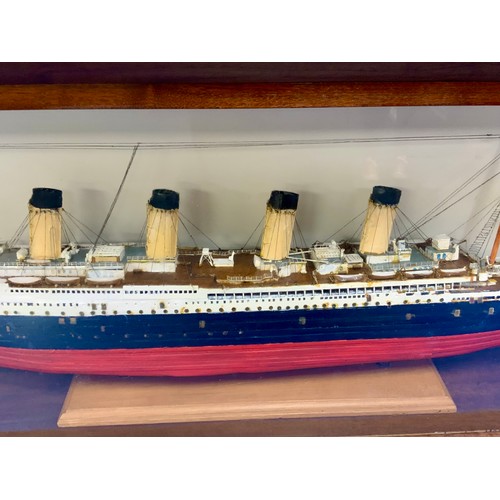 76 - SCRATCH BUILT MODEL OF RMS TITANIC, APPROX 122 CM OVERALL (4FT LONG) PLINTH MOUNTED IN GLAZED DISPLA... 