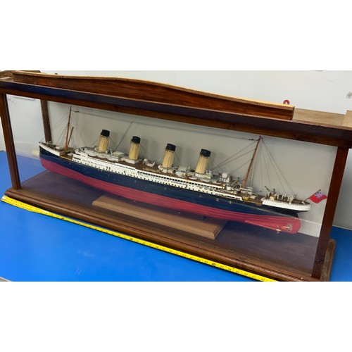 76 - SCRATCH BUILT MODEL OF RMS TITANIC, APPROX 122 CM OVERALL (4FT LONG) PLINTH MOUNTED IN GLAZED DISPLA... 