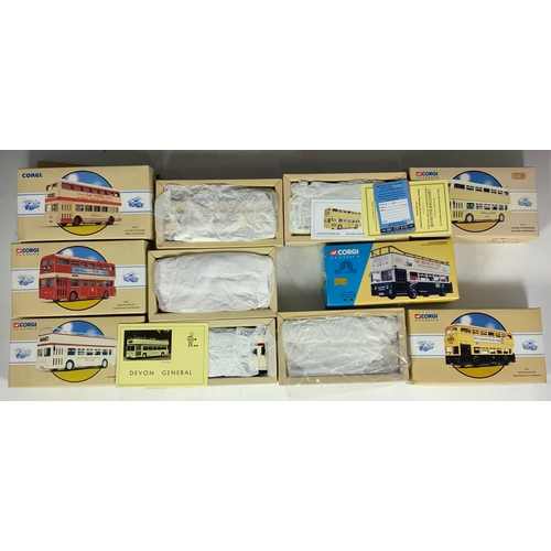 172 - CORGI COLLECTIBLES DIECAST MODEL BUSES : 6 BOXED FULL FRONT DOUBLE DECK BUSES : LEYLAND ATLANTEAN DE... 