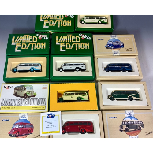 169 - CORGI CLASSIC BOXED DIE CAST, BEDFORD OB SELECTION, 70TH ANNIVERSARY FELIX COACHES, FRED BIBBY, GRAN... 