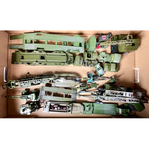 161 - TWO TRAYS OF DINKY, CORGI & OTHER MILITARY ITEMS, MOST REPAINTED INTO ARMY GREEN, MOSTLY SPRAYED, SE... 