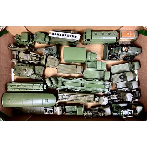 161 - TWO TRAYS OF DINKY, CORGI & OTHER MILITARY ITEMS, MOST REPAINTED INTO ARMY GREEN, MOSTLY SPRAYED, SE... 