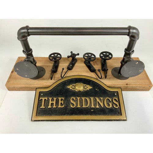 376 - A MODERN CAST HOUSE NAME SIGN, “THE SIDINGS”  PLUS A CONTEMPORARY SHELF WITH PIPEWORK SUPPORTS, & 4 ... 