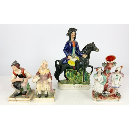 157 - STAFFORDSHIRE FIGURE OF DICK TURPIN  31cm TALL TOGETHER WITH A STAFFORDSHIRE SPILL HOLDER AND A PAIR... 