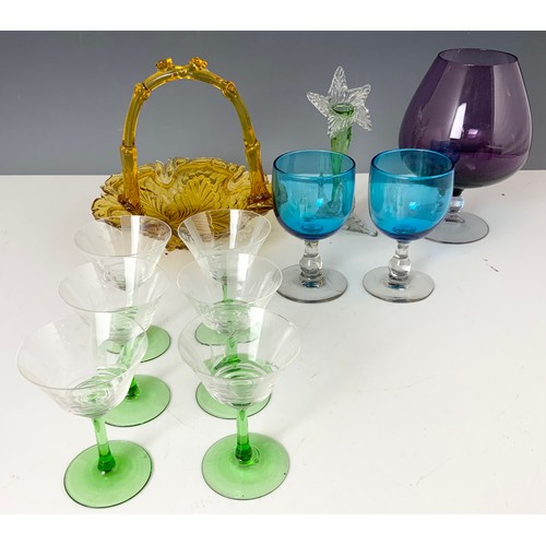 268 - MISC. COLOURED GLASSWARE INCLUDING COLOUR GLASS BASKET, GREEN STOURBRIDGE JACK IN THE PULPIT VASE, S... 