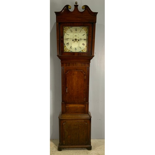 288 - OAK AND MAHOGANY LONGCASE CLOCK, PAINTED DIAL, TWIN TRAIN FUSEE 8 DAY MOVEMENT STRIKING ON A BELL