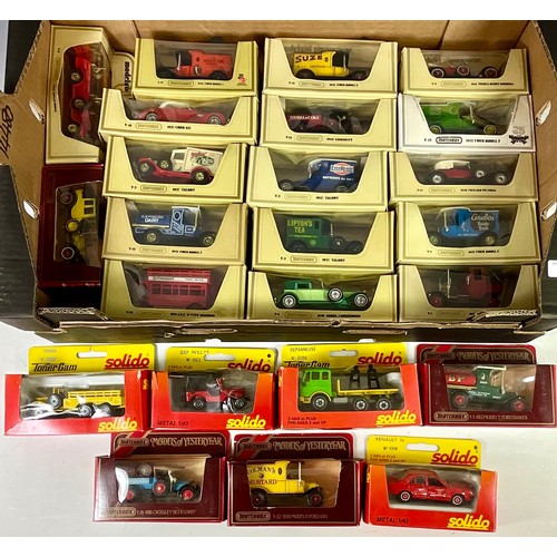 114 - SOLIDO, 4 BOXED MODELS, MATCHBOX YESTERYEARS, 15 STRAW BOX, 1 WHITE BOX & 4 RED BOXED MODELS.