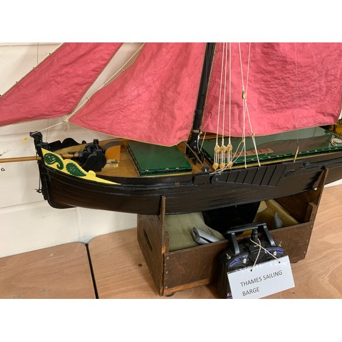 87 - RADIO CONTROLLED THAMES SAILING BARGE / BARQUE, APPROX 10 CM LONG BOW SPRIT TO STERN.,
RIGGED AND WI... 