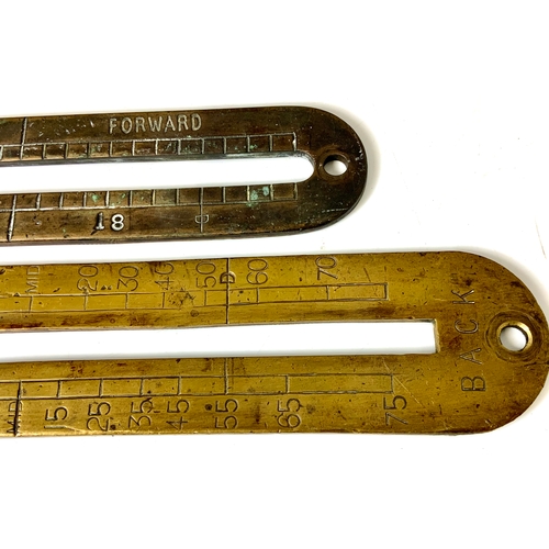 192 - TWO “FORWARD & BACK” REVERSING LEVER GAUGES THE LARGER 40 CM X 7 CM, STAMPED 3577 . 8, THE SMALLER I... 