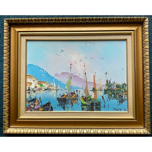 14 - GEORGE RICHARD DEAKINS – SAILING VESSELS IN A HARBOUR SCENE, 20TH CENTURY OIL ON CANVAS, SIGNED, APP... 