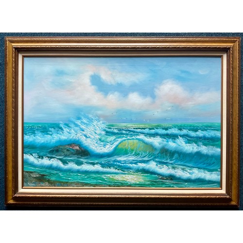 18 - LARGE INDISTINCTLY SIGNED OIL ON CANVAS SEASCAPE, APPROX. 92 X 60 cm