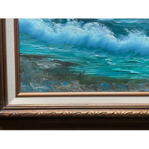 18 - LARGE INDISTINCTLY SIGNED OIL ON CANVAS SEASCAPE, APPROX. 92 X 60 cm