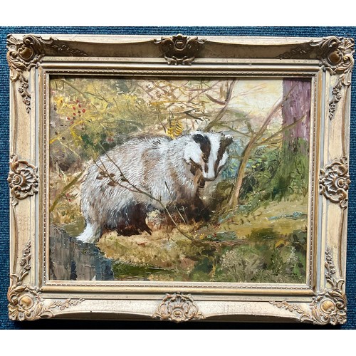 17 - OIL ON PANEL DEPICTING A BADGER, APPROX. 49 X 39 cm