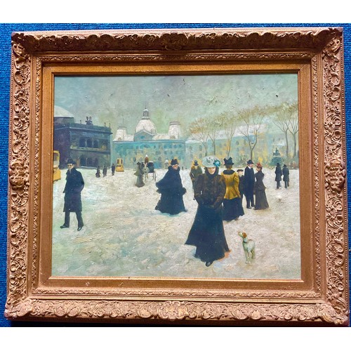 7 - OIL ON CANVAS DEPICTING A CONTINENTAL SQUARE IN WINTER, APPROX. 61 X 51 cm