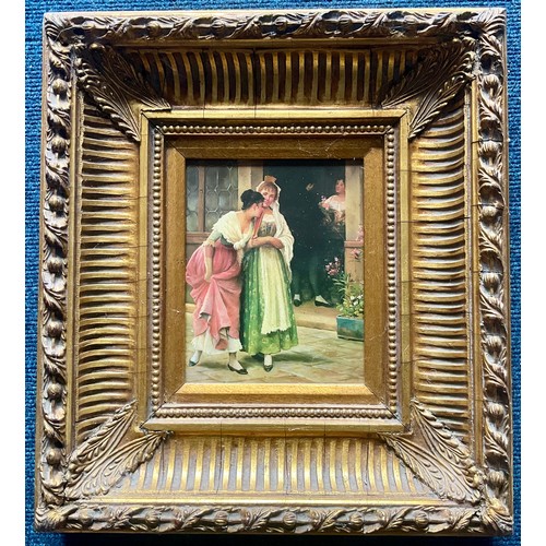 5 - 19TH CENTURY OIL ON PANEL DEPICTING 2 LADIES IN CONVERSATION IN GOOD QUALITY FRAME, APPROX. 20 X 25 ... 