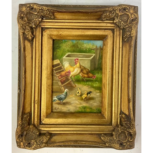 22 - CHARMING SMALL OIL ON BOARD DEPICTING HENS AND A PIGEON, SIGNATURE G.HOOK, APPROX. 12 X 17 cm TOGETH... 