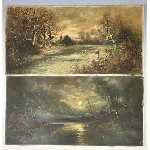 21 - 2 UNFRAMED OLD OILS ON CANVAS ‘A WINTERS EVE’ AND ‘THE SILVER MOON’ WITH SIGNATURE