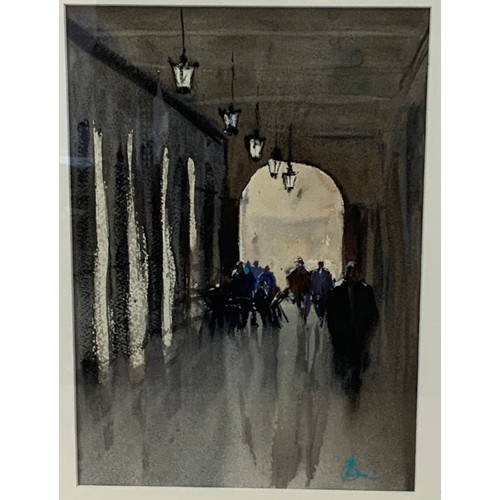 28 - CLAUDIA ARACELI (20TH CENTURY) WATERCOLOUR DEPICTING CLOISTERS