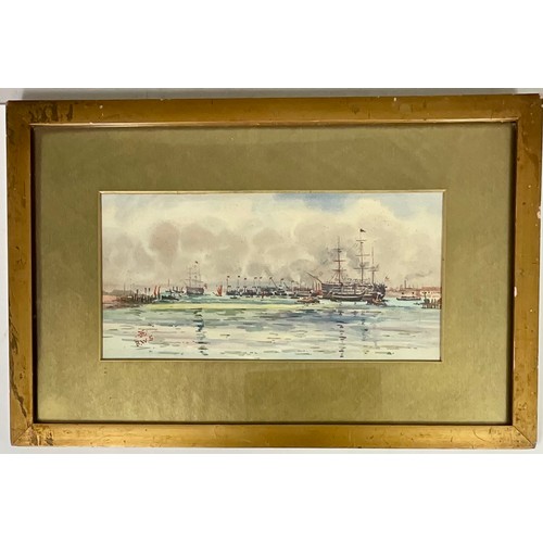 29 - FRAMED WATERCOLOUR OF TALL SHIPS STEAM  TUGS IN HARBOUR, POSSIBLY MID. 19TH CENTURY. MONOGRAMMED B.W... 