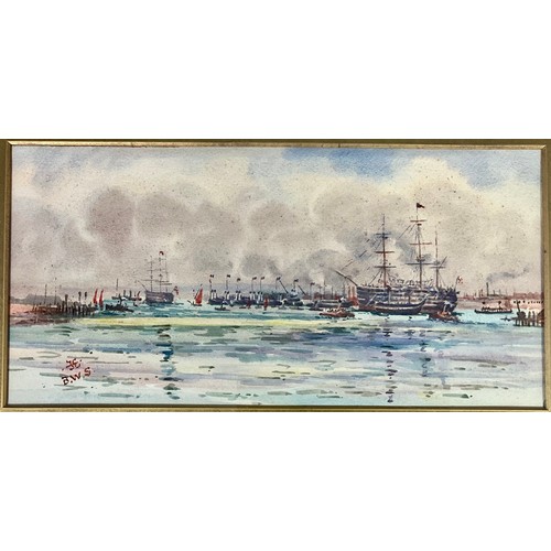 29 - FRAMED WATERCOLOUR OF TALL SHIPS STEAM  TUGS IN HARBOUR, POSSIBLY MID. 19TH CENTURY. MONOGRAMMED B.W... 