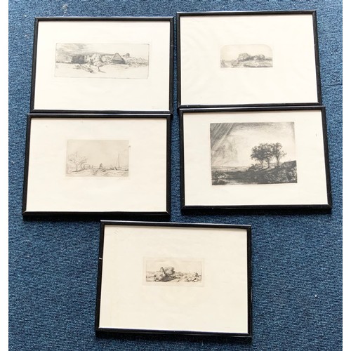 43 - 5 FRAMED BLACK & WHITE ETCHINGS OF  LANDSCAPES we are advised that these are from Rembrandt plates a... 