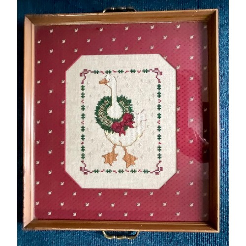 61 - A PAIR OF CROSS STITCH TAPESTRIES, ALPHABET AND SAYING FRAMED, AND A CHRISTMAS GOOSE IN A WOODEN TRA... 