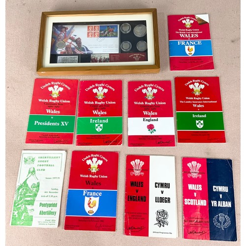 91 - RUGBY PROGRAMMES AND EPHEMERA INC FRAMED STAMPS & COINS