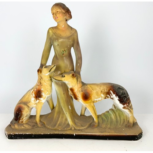 127 - LARGE VINTAGE CHALK WARE FIGURINE LADY WITH TWO DOGS  53cm TALL