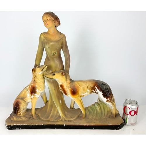 127 - LARGE VINTAGE CHALK WARE FIGURINE LADY WITH TWO DOGS  53cm TALL