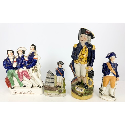 142 - STAFFORDSHIRE FLATBACKS  LORD NELSON, THE DEATH OF NELSON , A STAFFORDSHIRE NELSON FIGURINE AND A NE... 