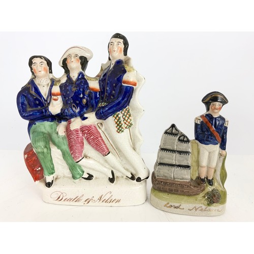 142 - STAFFORDSHIRE FLATBACKS  LORD NELSON, THE DEATH OF NELSON , A STAFFORDSHIRE NELSON FIGURINE AND A NE... 