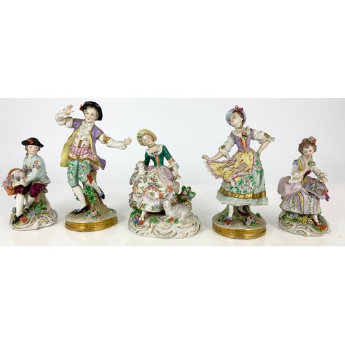 128 - 5 GOOD QUALITY CONTINENTAL PORCELAIN FIGURINES WITH THE SITZENDORF FACTORY STAMP TALLEST 19.5cm