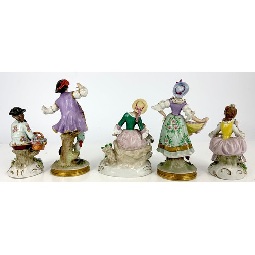 128 - 5 GOOD QUALITY CONTINENTAL PORCELAIN FIGURINES WITH THE SITZENDORF FACTORY STAMP TALLEST 19.5cm