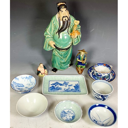 228 - CHINESE CELADON LARGE PORCELAIN FIGURINE - GOD OF PROSPERITY AND A COLLECTION OF CHINESE BOWLS, FIGU... 