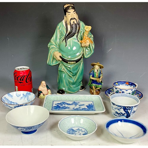 228 - CHINESE CELADON LARGE PORCELAIN FIGURINE - GOD OF PROSPERITY AND A COLLECTION OF CHINESE BOWLS, FIGU... 