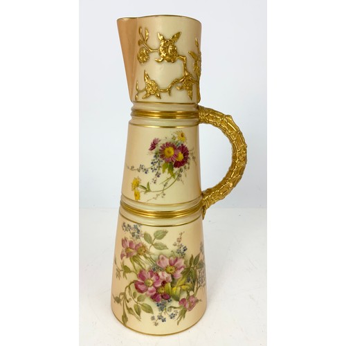 164 - A ROYAL WORCESTER BLUSH IVORY FLOWER JUG, OF SLENDER TRUNCATED CONICAL FORM WITH REEDED COLLARS BETW... 