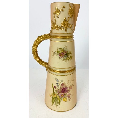 164 - A ROYAL WORCESTER BLUSH IVORY FLOWER JUG, OF SLENDER TRUNCATED CONICAL FORM WITH REEDED COLLARS BETW... 