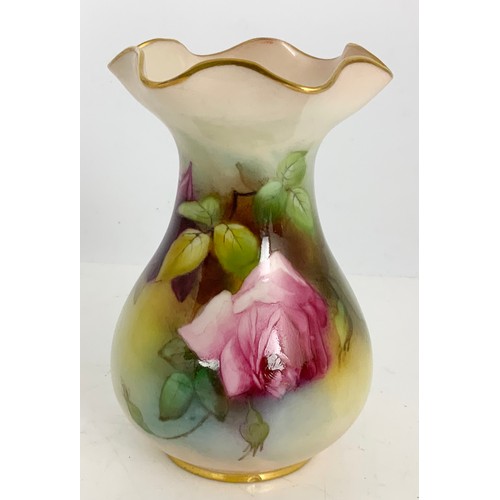 163 - A ROYAL WORCESTER VASE, WITH SHAPED RIM, DECORATED WITH ROSES UNSIGNED BUT PROBABLY M HUNT, SHAPE NU... 