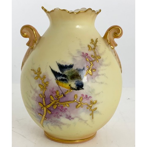 168 - LOCKE & CO. WORCESTER 2 HANDLED BLUSH IVORY VASE WITH BLUE TIT ON A GILT BRANCH DECORATION, APPROX. ... 