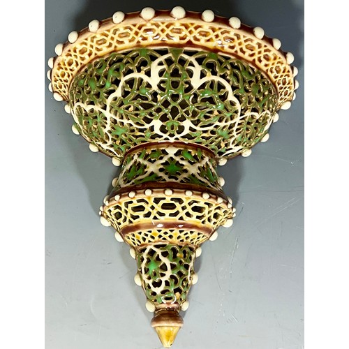 174 - ZSOLNAY PECS (HUNGARIAN) PIERCED WALL BRACKET WITH GEOMETRIC DESIGN, PAINTED AND GILDED