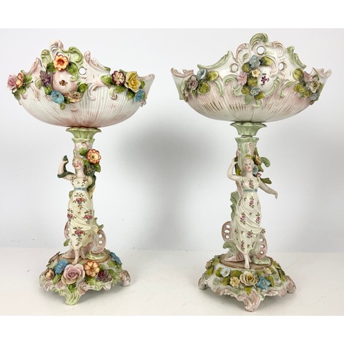 185 - 2 PORCELAIN FIGURAL TABLE CENTRE PIECES WITH OVAL BOWLS WITH PIERCED & ENCRUSTED DECORATION 35cm TAL... 