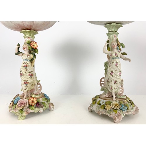 185 - 2 PORCELAIN FIGURAL TABLE CENTRE PIECES WITH OVAL BOWLS WITH PIERCED & ENCRUSTED DECORATION 35cm TAL... 