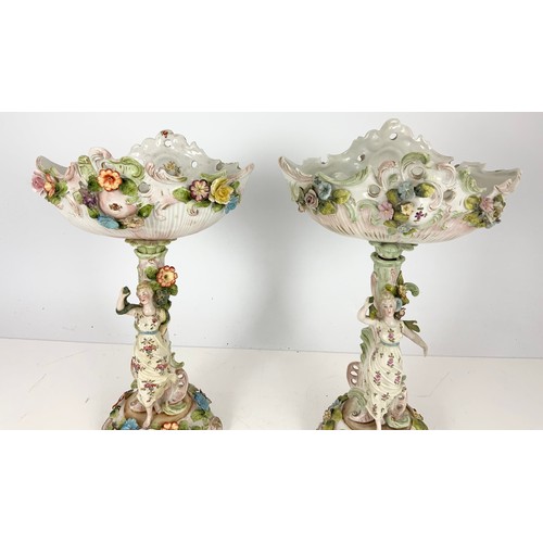 185 - 2 PORCELAIN FIGURAL TABLE CENTRE PIECES WITH OVAL BOWLS WITH PIERCED & ENCRUSTED DECORATION 35cm TAL... 